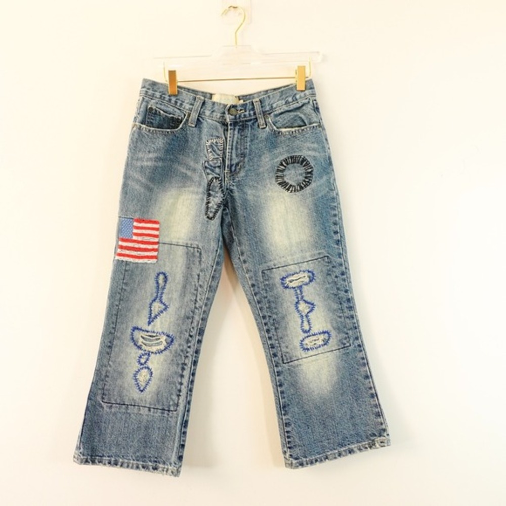 Y2K Capri Jeans Women 29 Blue Patchwork Low Rise Italian Distressed 27x21 COCHNI